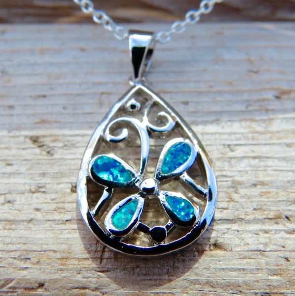 Blue Fire Opal Flower Necklace - Image 2